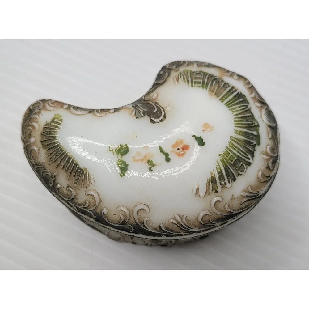 Antique Milk Glass Hand Painted Paisley Shaped Trinket Box w/‎ Lid RARE
